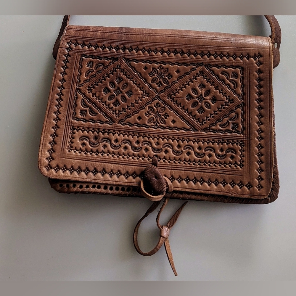 Rare Vintage Hand Made Middle Eastern Embossed Leather Boho Crossbody Bag